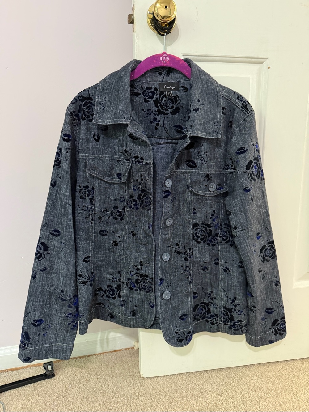 Analog Women's Charcoal Gray Floral Velvet Burnout Jean Jacket